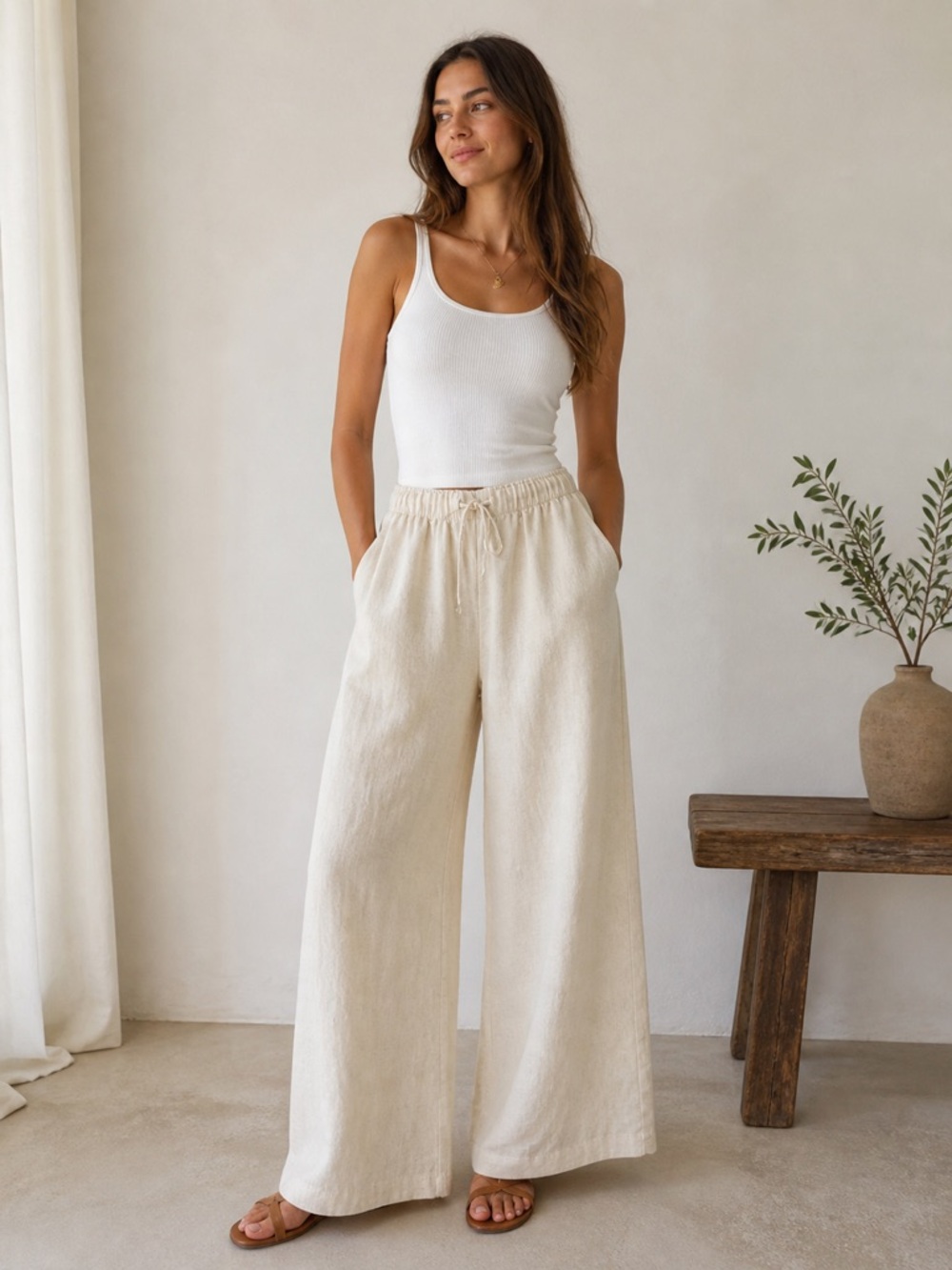 Joie Cream Wide-Leg Linen Blend Pants